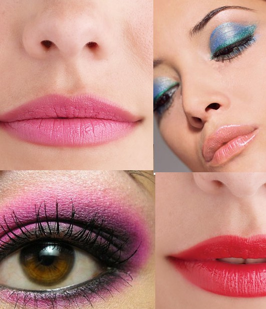 Pink and coral lips Martha Stewart Wedding blue and purple eyeshadow